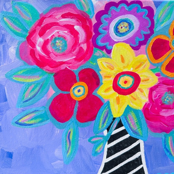 Original Folk Art Style Flower Bouquet Painting: Black Vase Multi Color 14" x14" - Picture 3 of 7